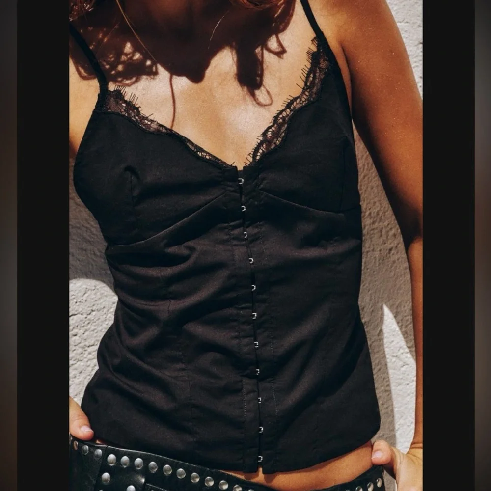 ZARA Sleeveless Black Cotton Lace Trimmed Corset Tank Top--NEW--M